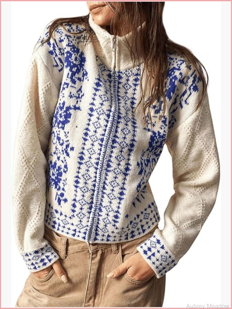 Boho Floral Print Long Sleeve Zip Cardigan Sweater Knitwear Outerwear